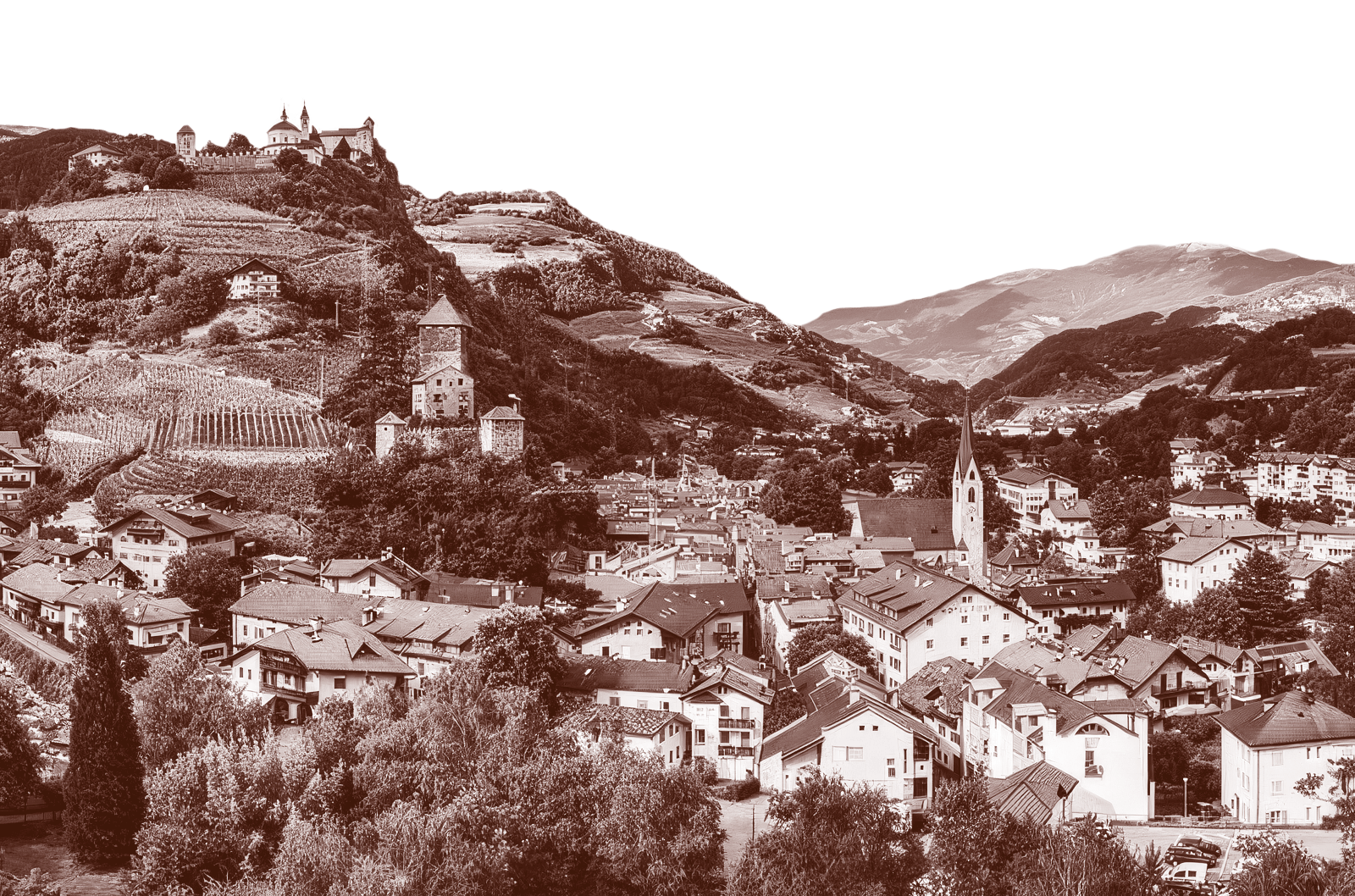 Panoramaansicht von Klausen mit dem Kloster Säben in Sepiatönen